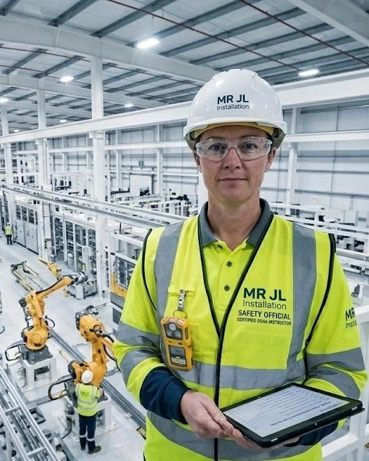 A woman wearing a white hard hat and yellow safety vest in an industrial manufacturing facility. She has a clipboard and a walkie-talkie, and there are robotic arms working in the background.