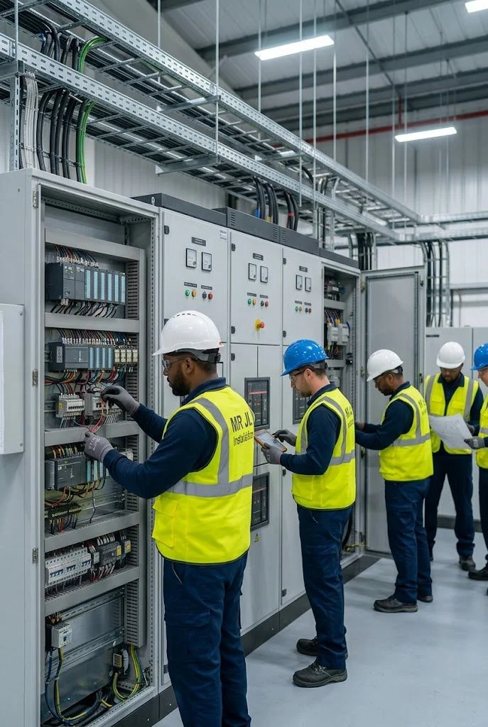 Group of five electrical engineers working on control panels and monitoring equipment in an industrial facility, wearing safety helmets and reflective vests.