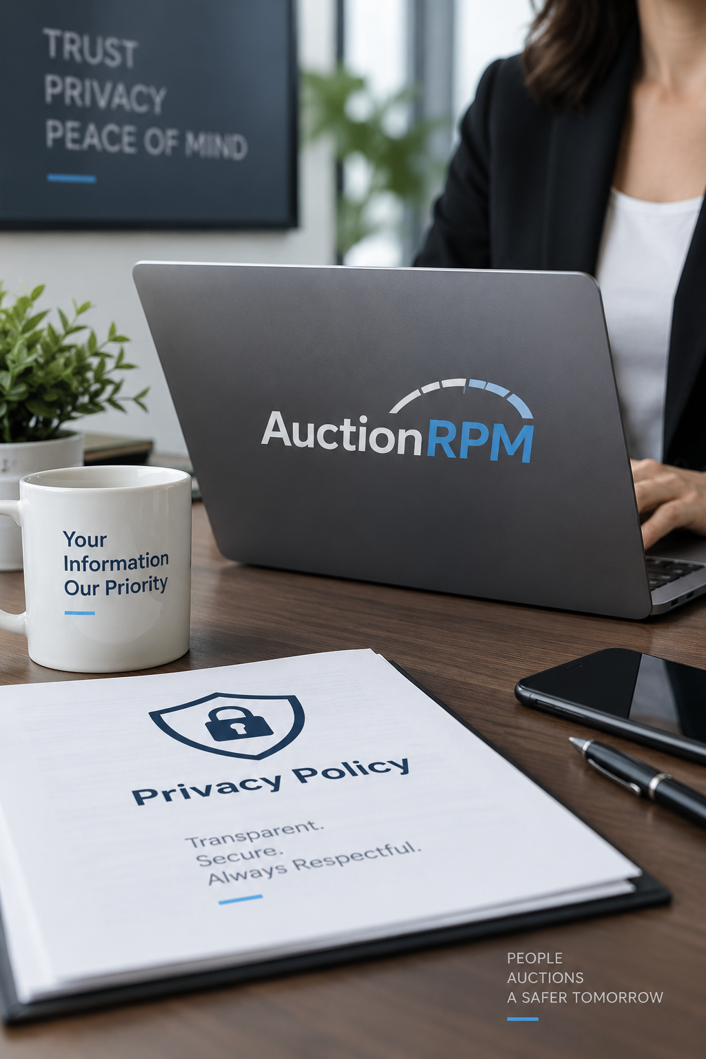 AuctionRPM privacy commitment, with a laptop and privacy policy document