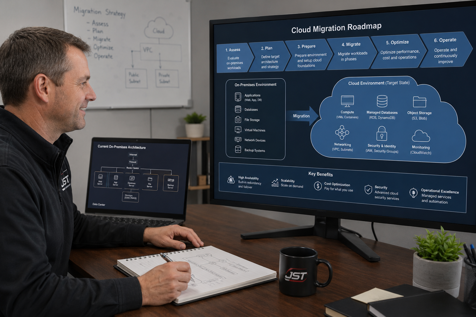 Man sitting at a desk analyzing a cloud migration roadmap on a large screen, with a notebook and laptop displaying architecture diagrams, plants, and office items in the background.