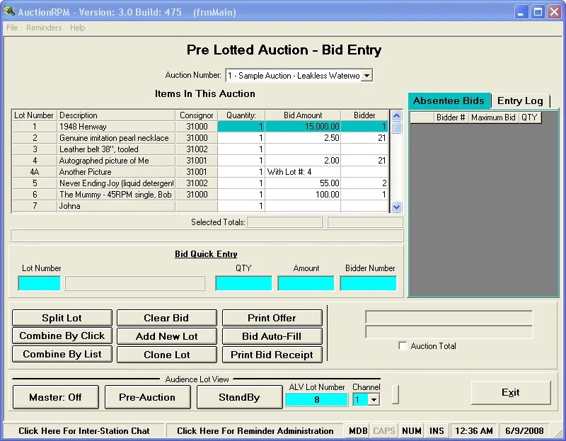 Screenshot of an auction bid entry screen titled 'Pre Lotted Auction - Bid Entry' with various lots listed, including item descriptions, quantities, bid amounts, and bidder numbers, featuring buttons for auction actions like 'Split Lot' and 'Clear Bid', along with sections for bid quick entry and auction control.