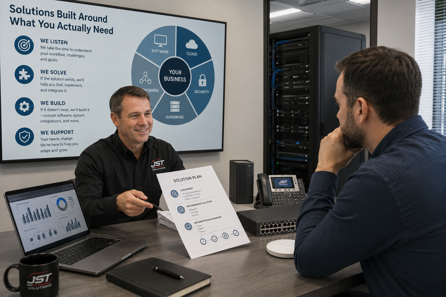 Business meeting in office with two men, one presenting with a documented solution plan, and a large screen displaying solutions built around business needs.