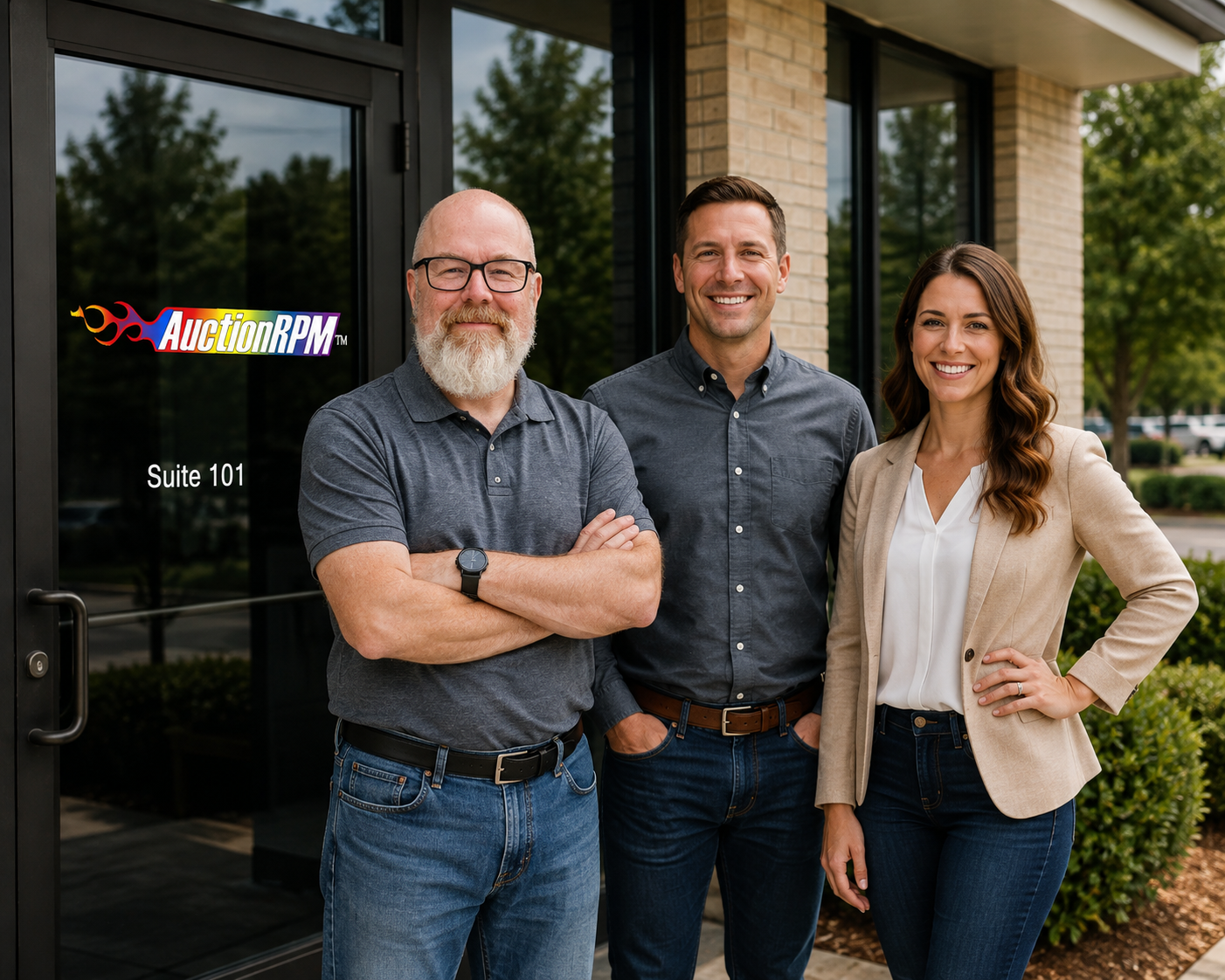 Three people standing outside the entrance of a building with a glass door marked 'Suite 101'. They are smiling and posing for a photo. The man on the left has a beard, glasses, and is wearing a gray polo shirt. The man in the middle has short brown hair and is wearing a dark button-up shirt. The woman on the right has long wavy brown hair and is wearing a beige blazer over a white blouse.