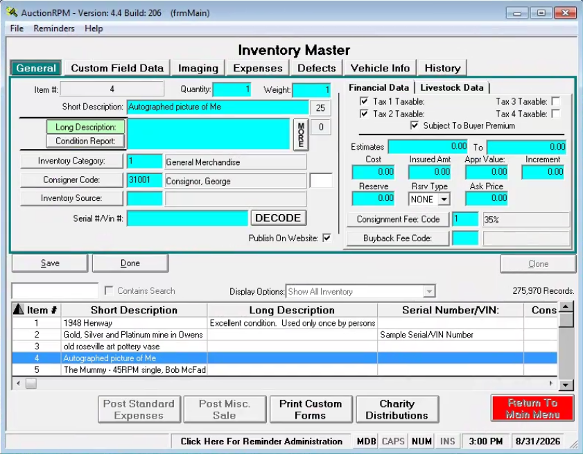 The inventory master is typically used if you have the type of business where you accept inventory to be sold on consignment and you do not know which auction will be used to sell such items. 

Inventory entered in this screen is made available in th