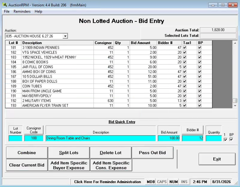 Not all auctioneers pre-lot the auction. Many just want to tell the computer what has sold at the very moment that it sells.

The Non-Lotted Auction Bid Entry screen was build just for that. It allows the sale information to be entered quickly, yet a
