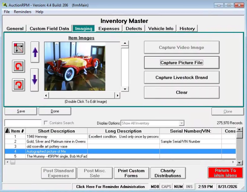 Here's a good example of how images can be attached to an inventory item.

Are you doing online auctions with an online auction company? Let AuctionRPM prepare the files for those services for you!