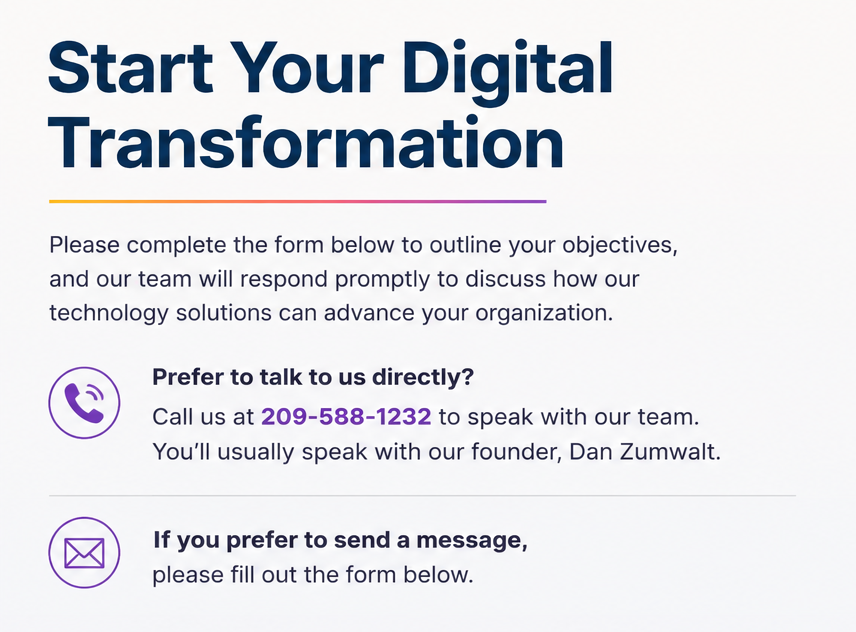 A digital transformation contact information form inviting users to call or message, with icons of a phone and an envelope.