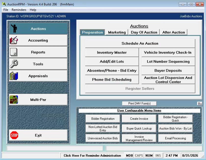 AuctionRPM screens are designed for efficiency and ease of input. The buttons are logically arranged to minimize guesswork and maximize productivity.

Buttons on the left side of AuctionRPM’s Main Menu represent functional categories such as ‘Auction