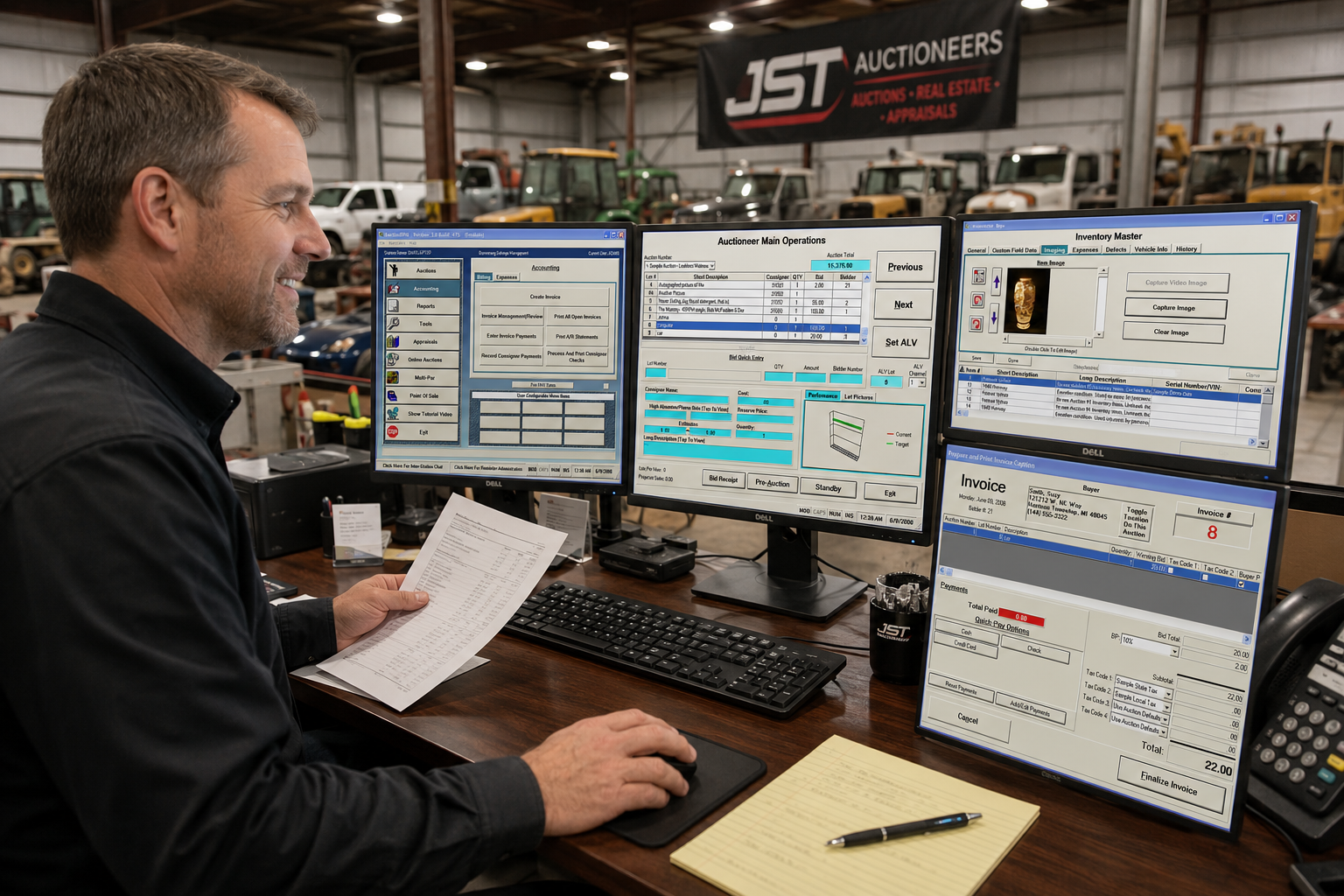 A man working at a desk with three computer monitors in an industrial warehouse with tractors and equipment in the background.