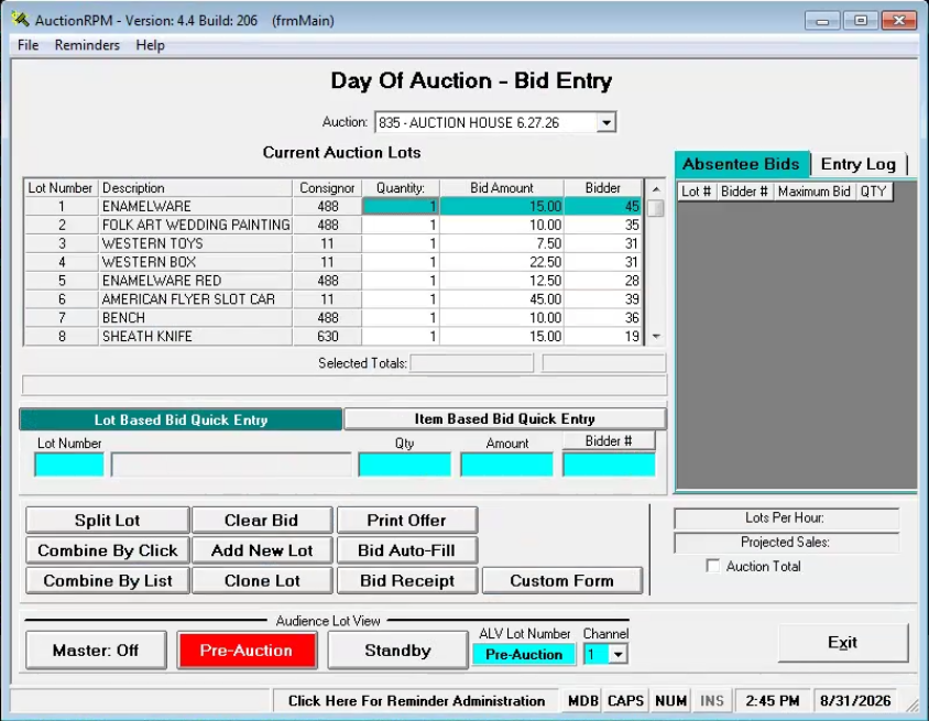 The Pre-Lotted Auction Bid Entry screen is designed to quickly records bids for lots that have been pre-lotted into the current auction.

The only thing that needs to be entered is the lot number, the quantity, the winning bid amount and the bidder n
