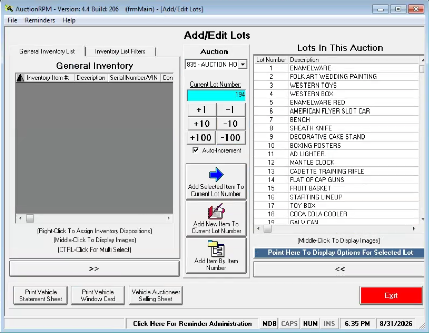 Many times, the auction company will accept inventory, but not know which auction will contain the items.

The Add/Edit Lots screen is designed to allow the auction staff to take inventory that has been accepted into the warehouse, then assign it to 