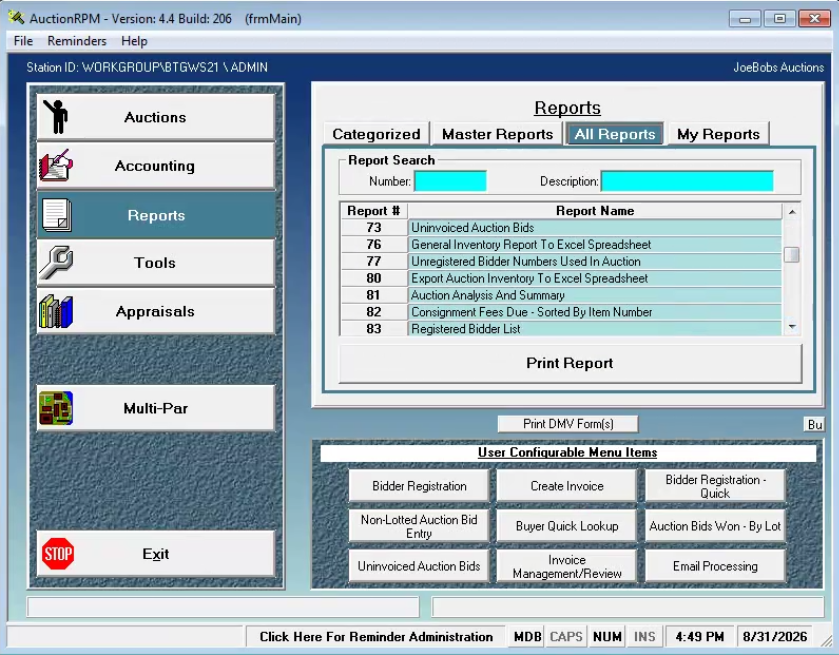 Entering all this data would be useless without being able to see reports that summarize all your hard work!

AuctionRPM has no less than 258 reports that cover EVERY need you might have. Everything from Buyer and Consignor reports, 25 different type