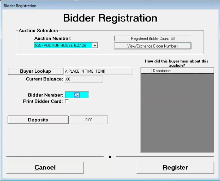 Every auction needs bidders, and bidders need to be registered!

The Bidder Registration screen allows you to register bidders for the auction and assign them bidder numbers for the current auction.

Permanent bidder numbers? No problem!

Different t