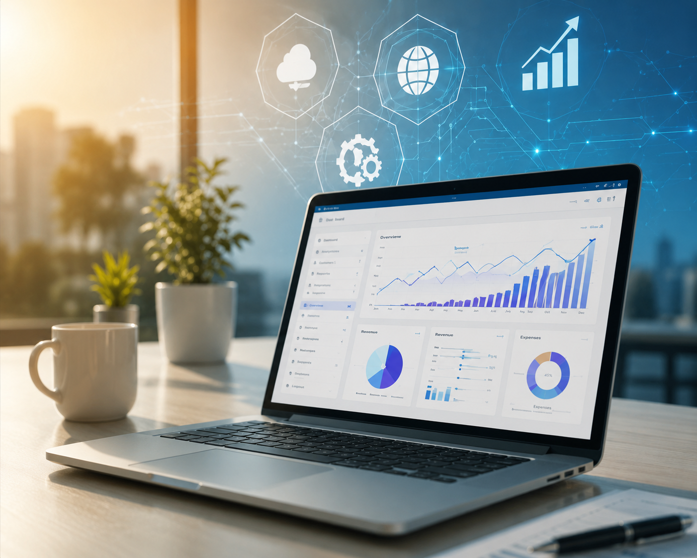 A laptop on a desk displaying business analytics and graphs, with potted plants and coffee mugs nearby, set in a bright office with a city view through the window.