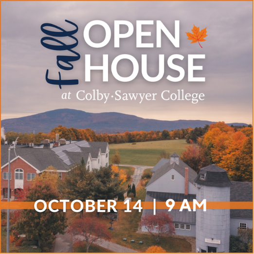 Copy overlay autumn mountains over college campus promoting fall open house at Colby-Sawyer College on october 14 at 9 am.