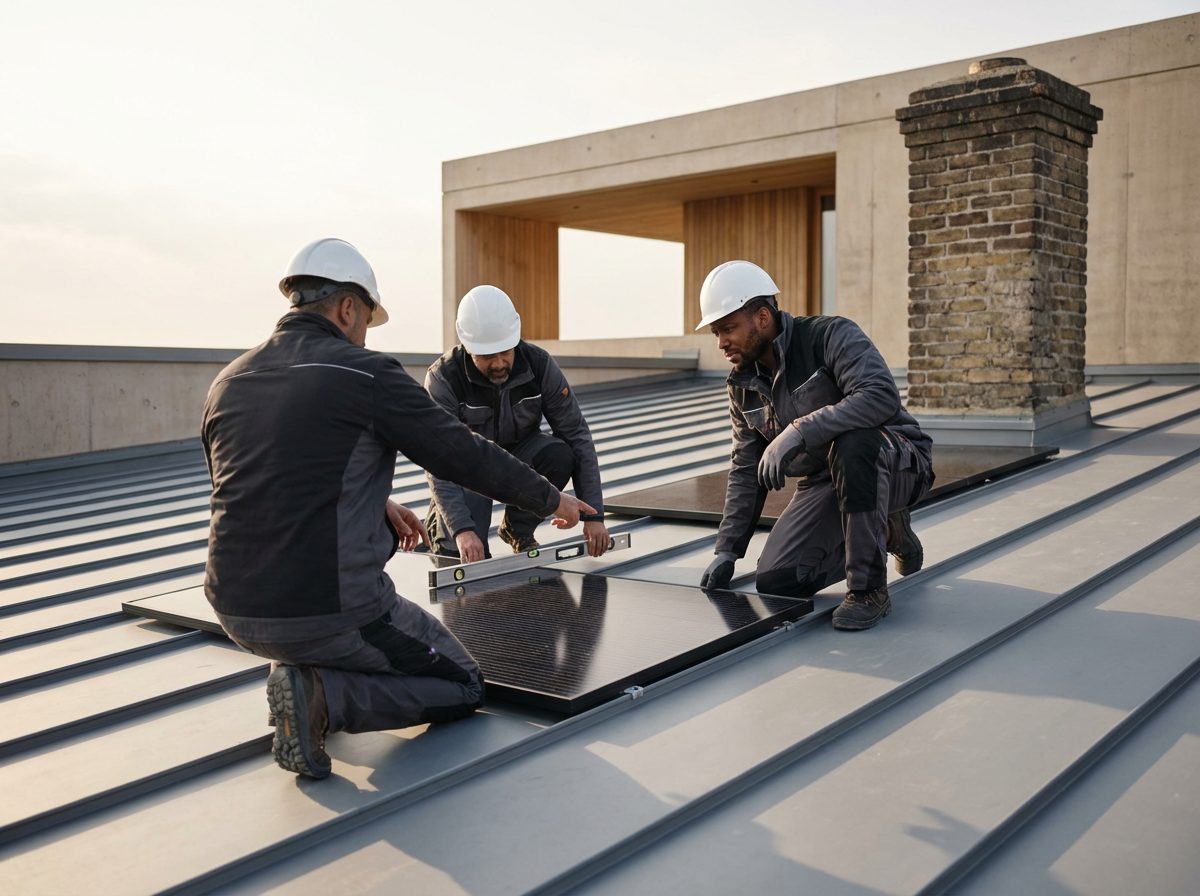 Three workers wearing helmets and work clothes installing a solar panel on a metal roof.