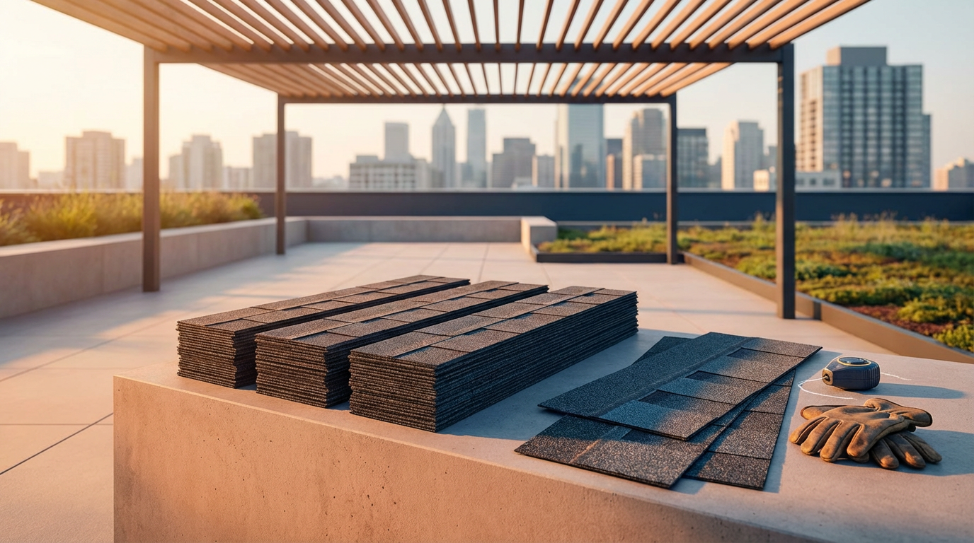 Stacks of roofing shingles and tools on a table on a rooftop with a city skyline in the background at sunset.