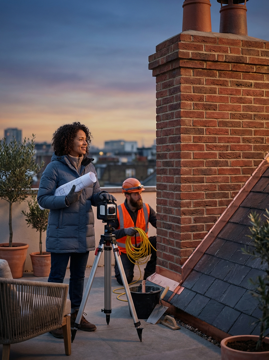 A woman with curly hair and a blue jacket using a theodolite on a rooftop at sunset, with a male worker in a hard hat and orange safety vest handling yellow electrical cable nearby.