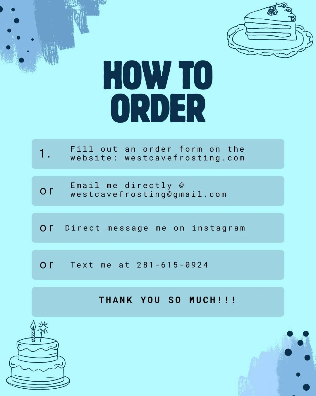 Hi there! I am getting an increasing number of spam messages pretending to be customers via Facebook.  Luckily, they are easy to recognize and I can shut it down quickly.  However, moving forward, please use any of these other avenues to order from m