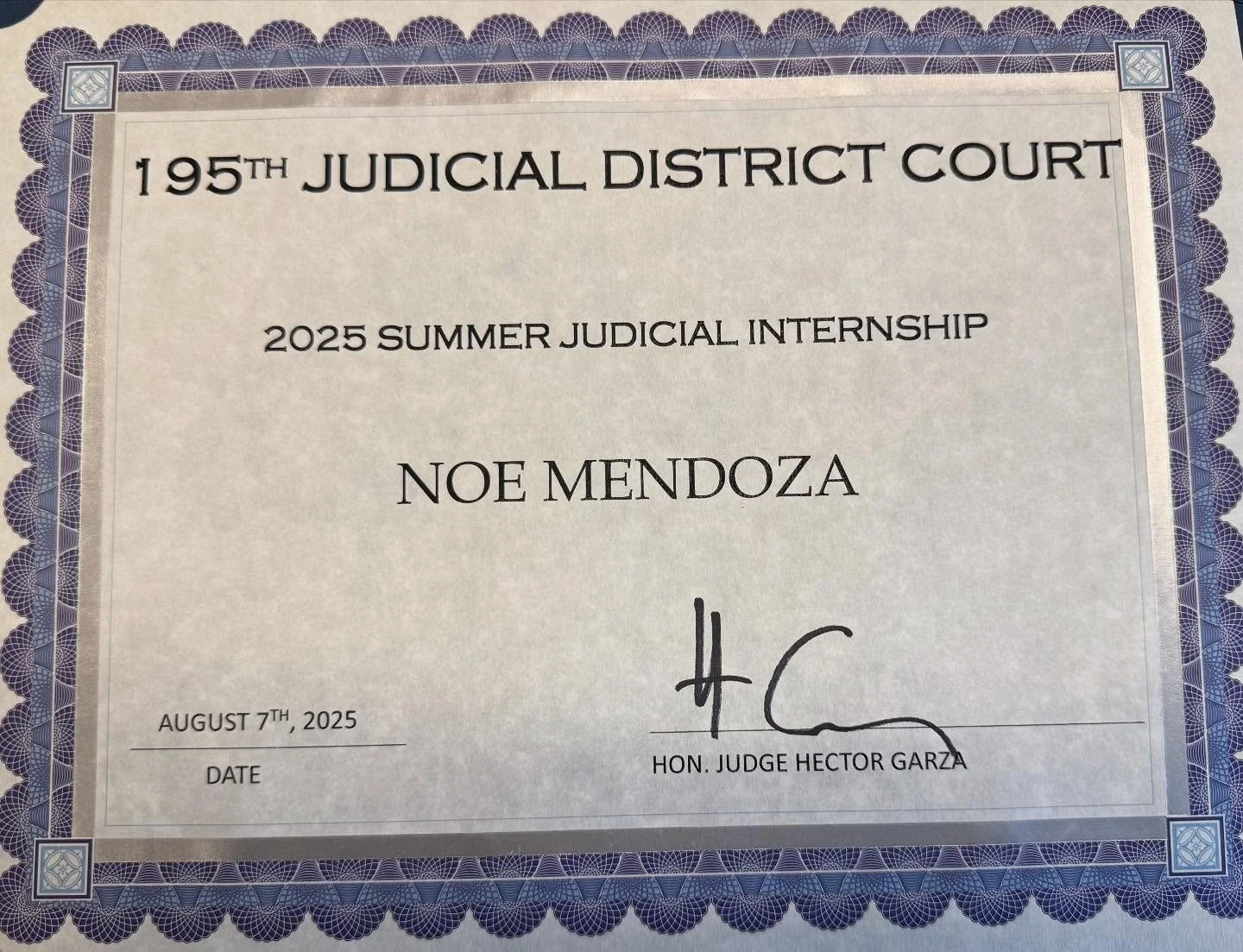 This summer, I had the honor of interning at the 195th Judicial District Court of Dallas County with the Honorable Judge Hector Garza.

During this internship, I observed judicial proceedings, i.e. agreed pleas before the court, trials before the cou