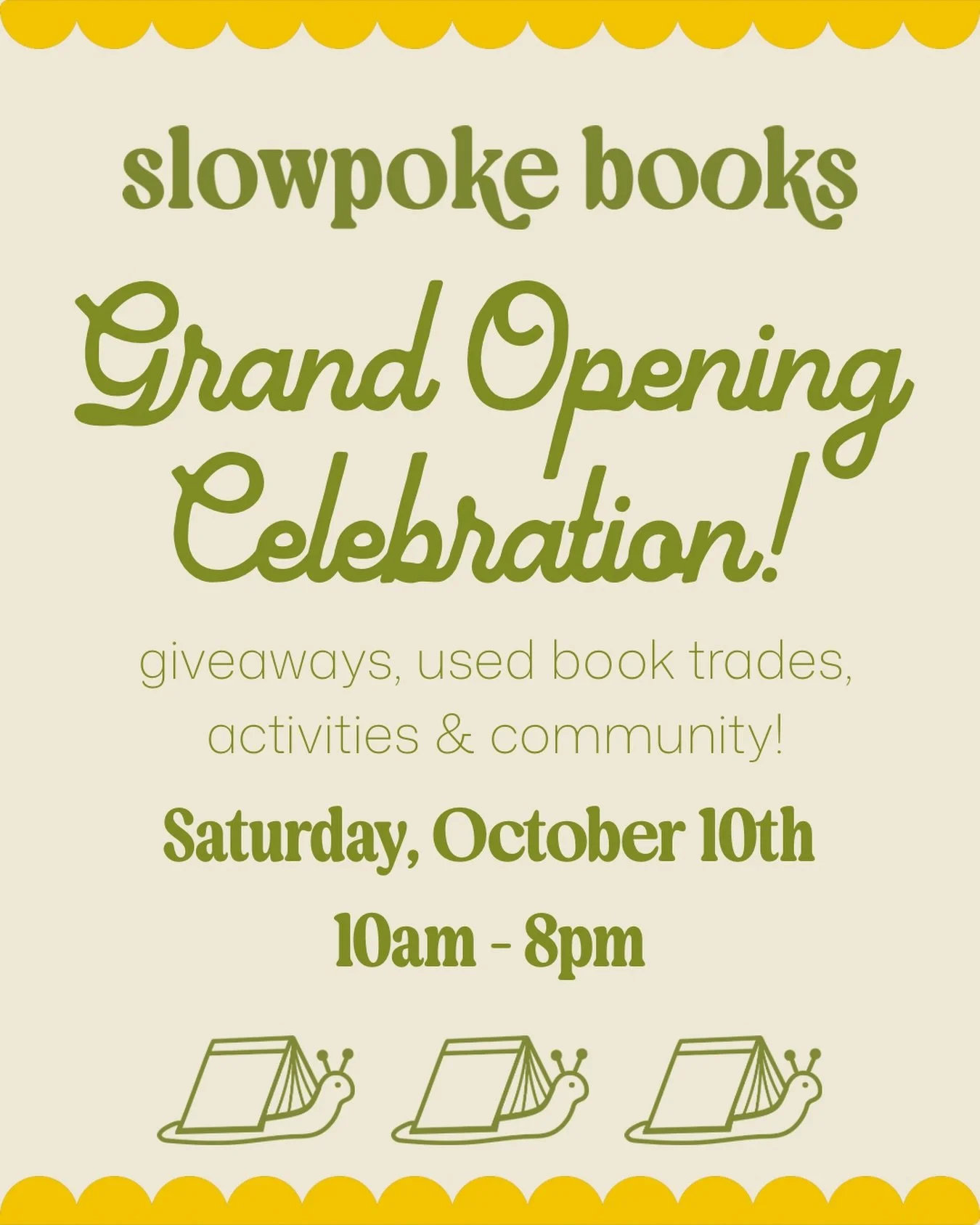 Join us on 10/10 for our grand opening party! The Denver book community and the South Downing neighborhood have been so welcoming to us and we can&rsquo;t wait to meet you all in person! Put us on your calendar and please share with your friends 🐌💜