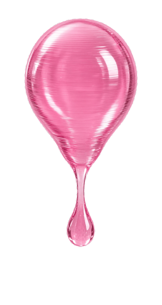 Glossy pink paint droplet suspended against a pale pink background.