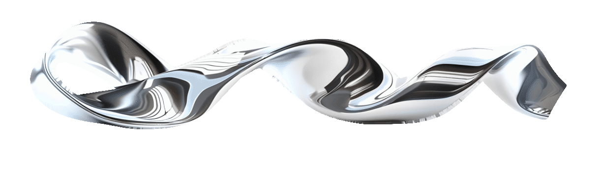 Abstract silver-and-black liquid-metal form twisting across a transparent background.