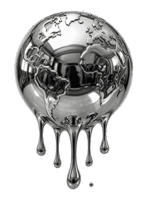 Chrome globe melting into dripping silver liquid on a transparent background.