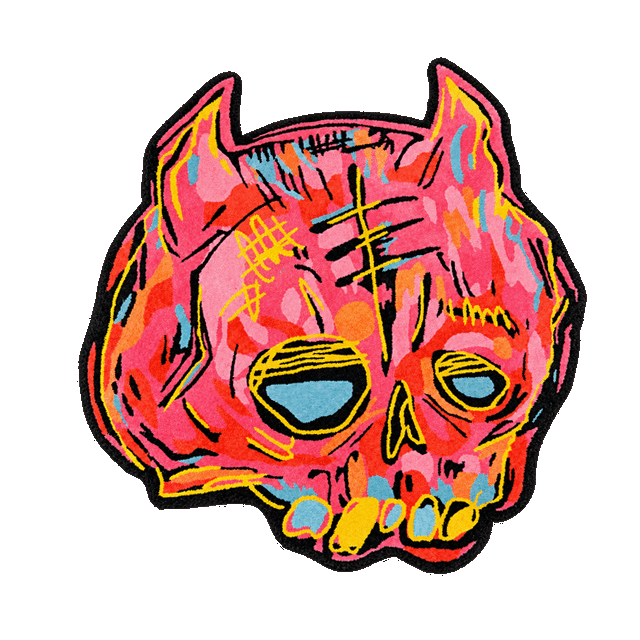 The iconic Caskey style skull in pop-art colors floating in space.