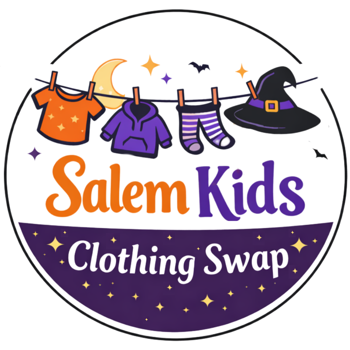 Logo for Salem Kids Clothing Swap featuring hanging Halloween-themed clothes, a moon, stars, and bats with text indicating a clothing exchange event.