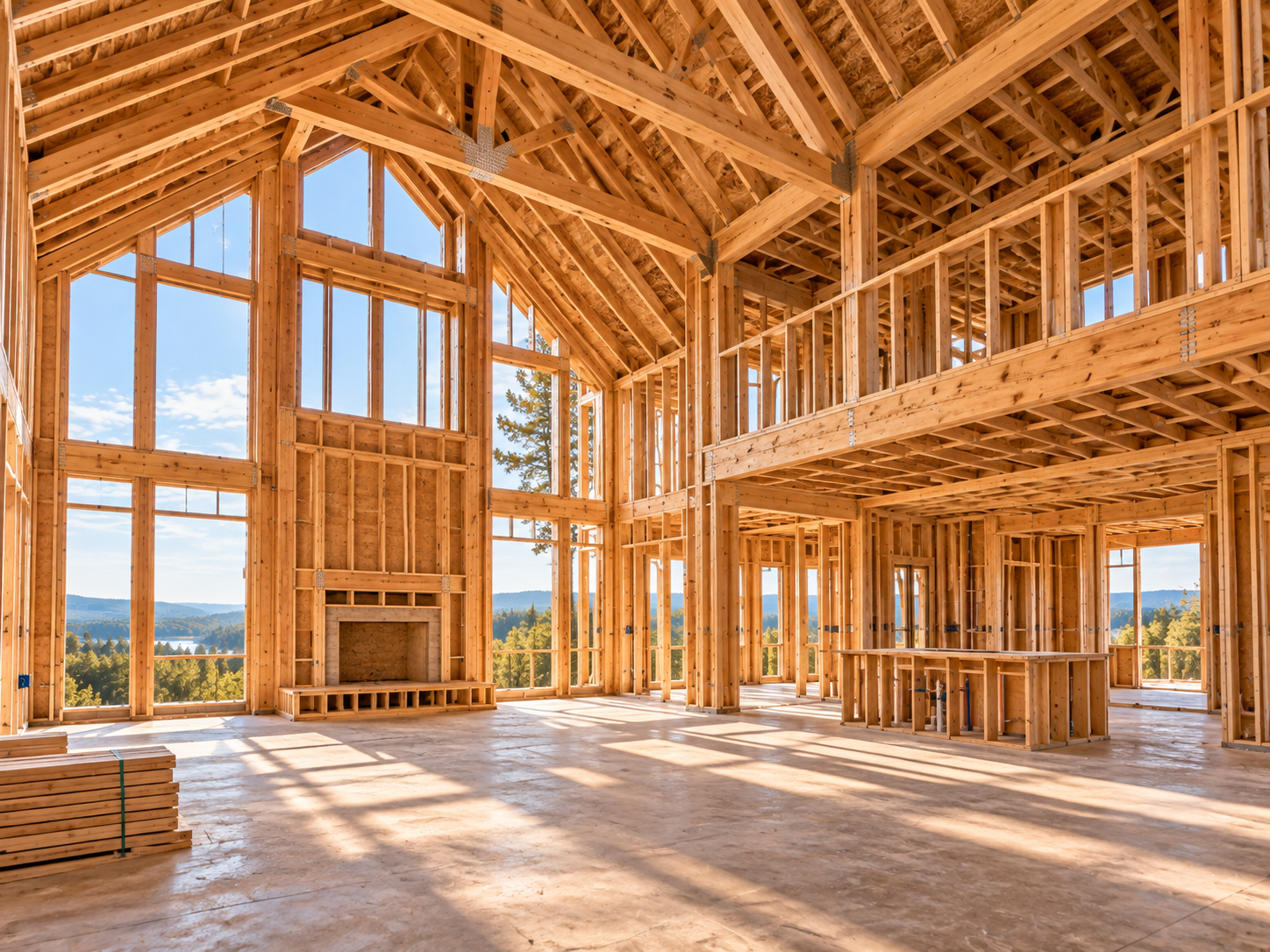 Interior view of a house under construction with exposed wooden framing, large windows, and a mezzanine level, with sunlight shining through the windows.