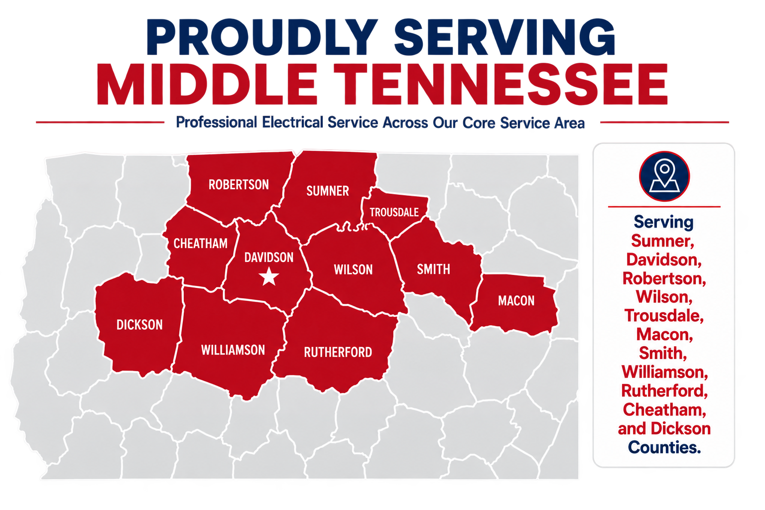 Map highlighting counties in Tennessee where the company provides electrical services, including Davidson, Sumner, Robertson, Wilson, Trousdale, Macon, Smith, Williamson, Rutherford, Cheatham, and Dickson counties.