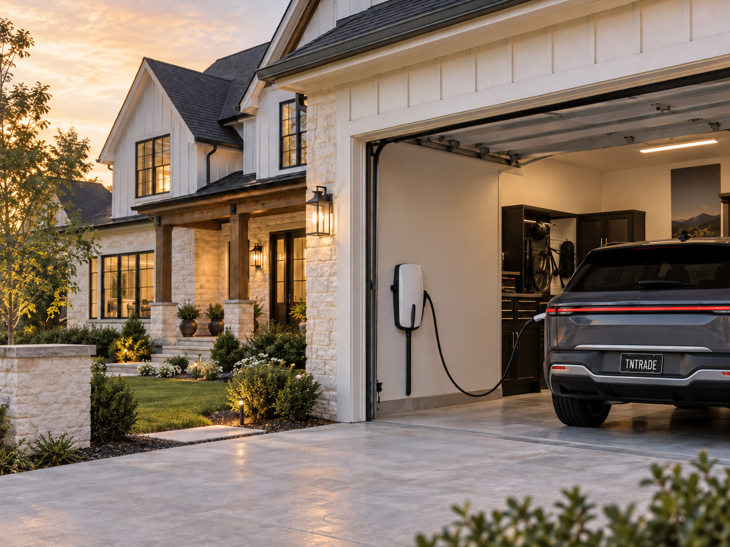 A modern suburban house with a landscaped front yard and a garage with an electric vehicle charging station, at sunset.
