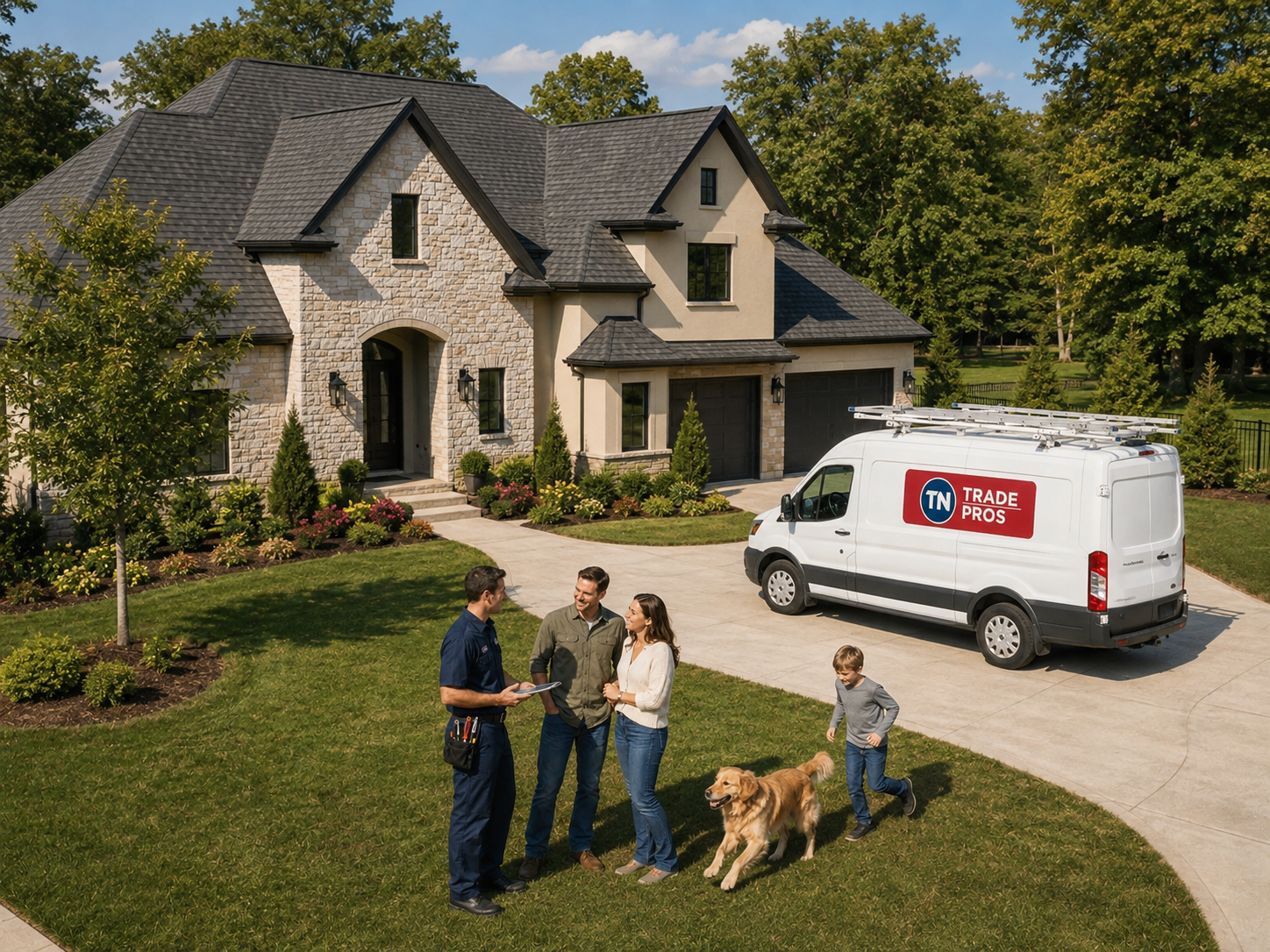 Real estate showing in front of a large house with a real estate agent talking to a couple, a young boy with a dog, a white van with 'Trade Pros' logo, and a landscaped yard with a driveway.