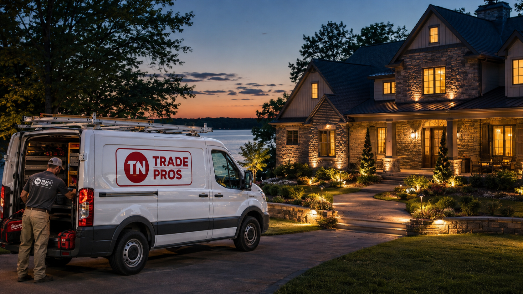 A tradesman in a Brite orange law cap stands near an open white van labeled 'Trade Pros' with a ladder on top, parked in front of a large stone house illuminated at dusk, overlooking a body of water under a sunset sky.