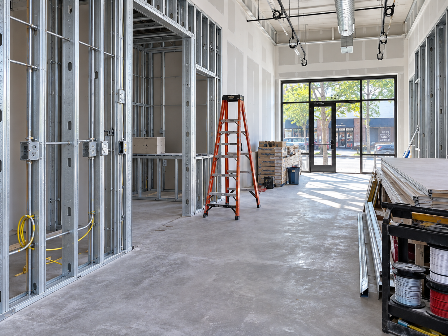 Interior of a building under construction with metal framing, a red ladder, construction materials, and a large front window with a view of the street outside.