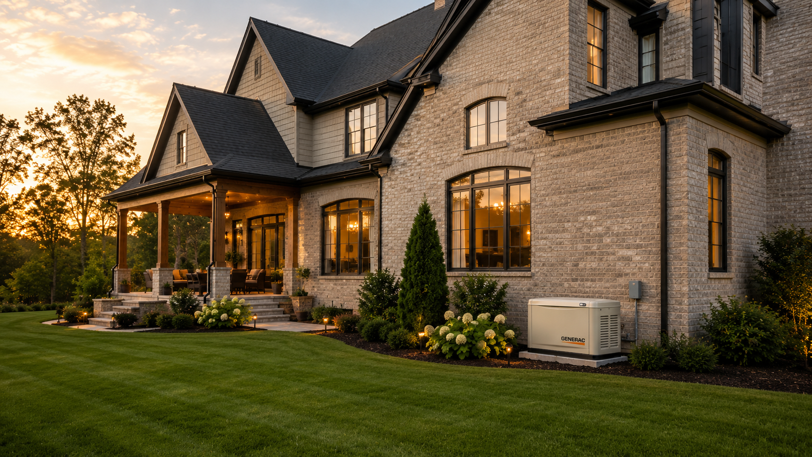 A large brick house with a well-maintained lawn, illuminated windows, and a covered porch during sunset. There is a garden with shrubs and flowers, and an outdoor generator near the house.