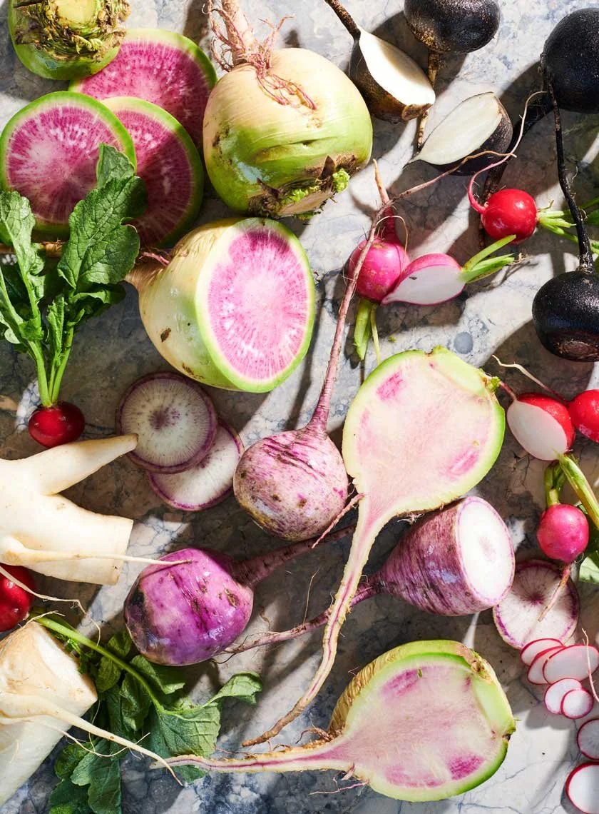 Radishes and root vegetables, food styling by Julie Hopper