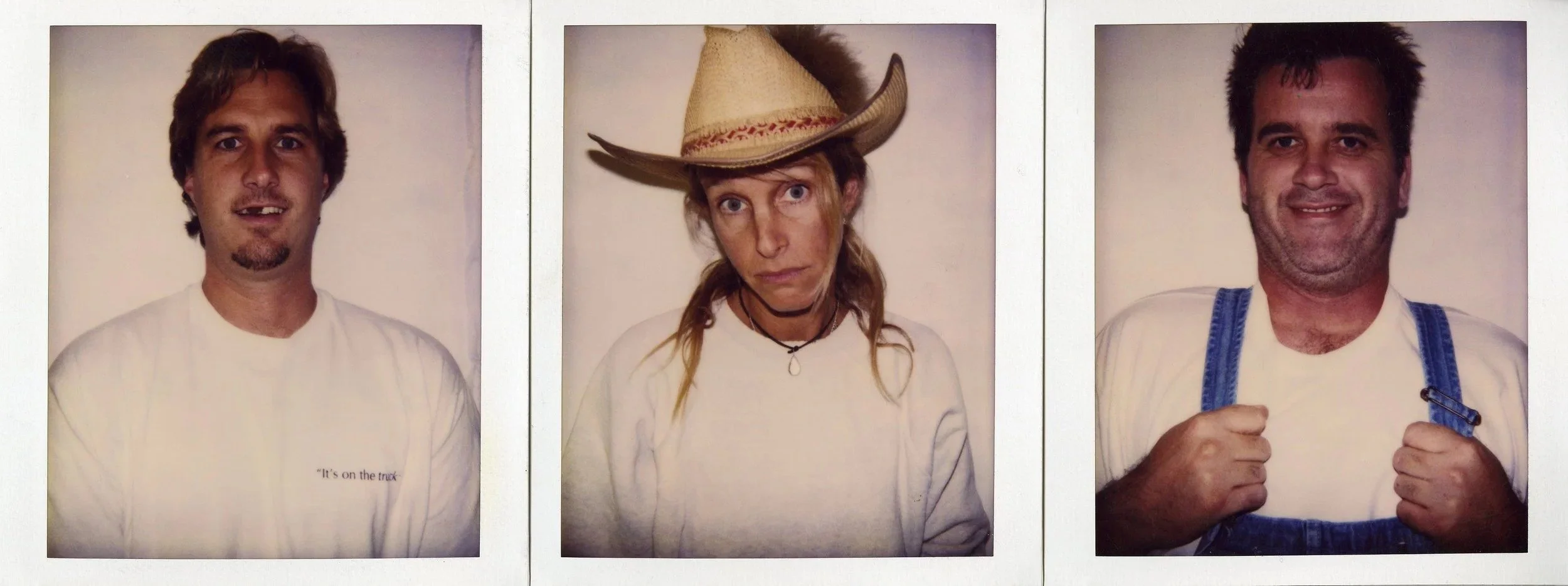Three photo booth pictures of people with humorous expressions. The first is a man with brown hair, facial hair, wearing a white shirt. The second is a woman with a straw hat, long hair, making a serious face. The third is a man with dark hair, weari