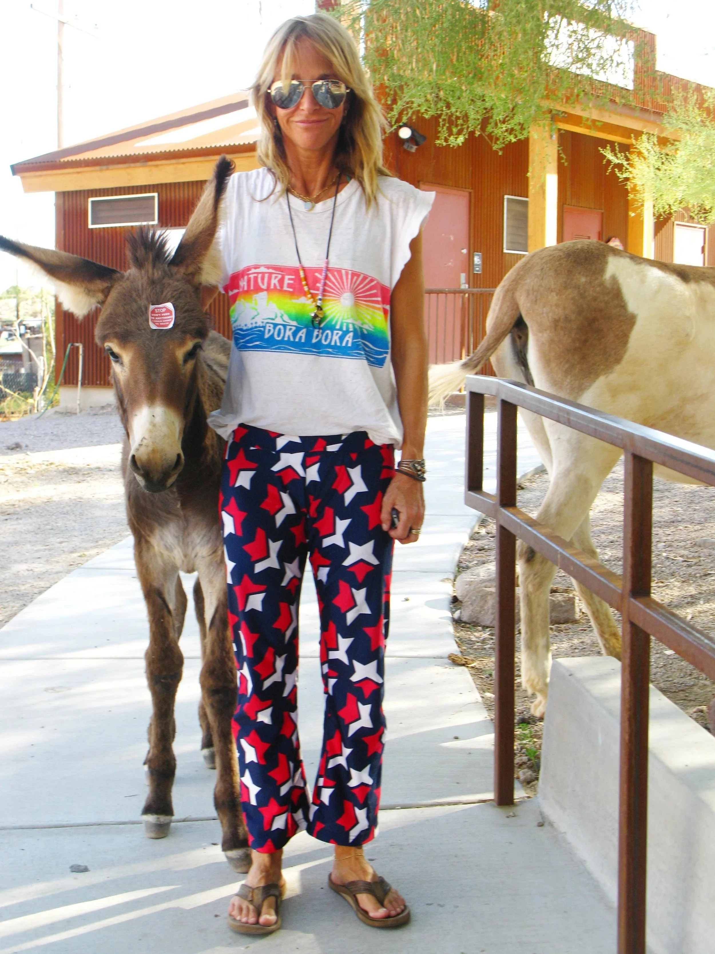 A woman with blonde hair wearing sunglasses, a white t-shirt with colorful design, red, white, and blue star-patterned pants, and sandals, standing next to a donkey.