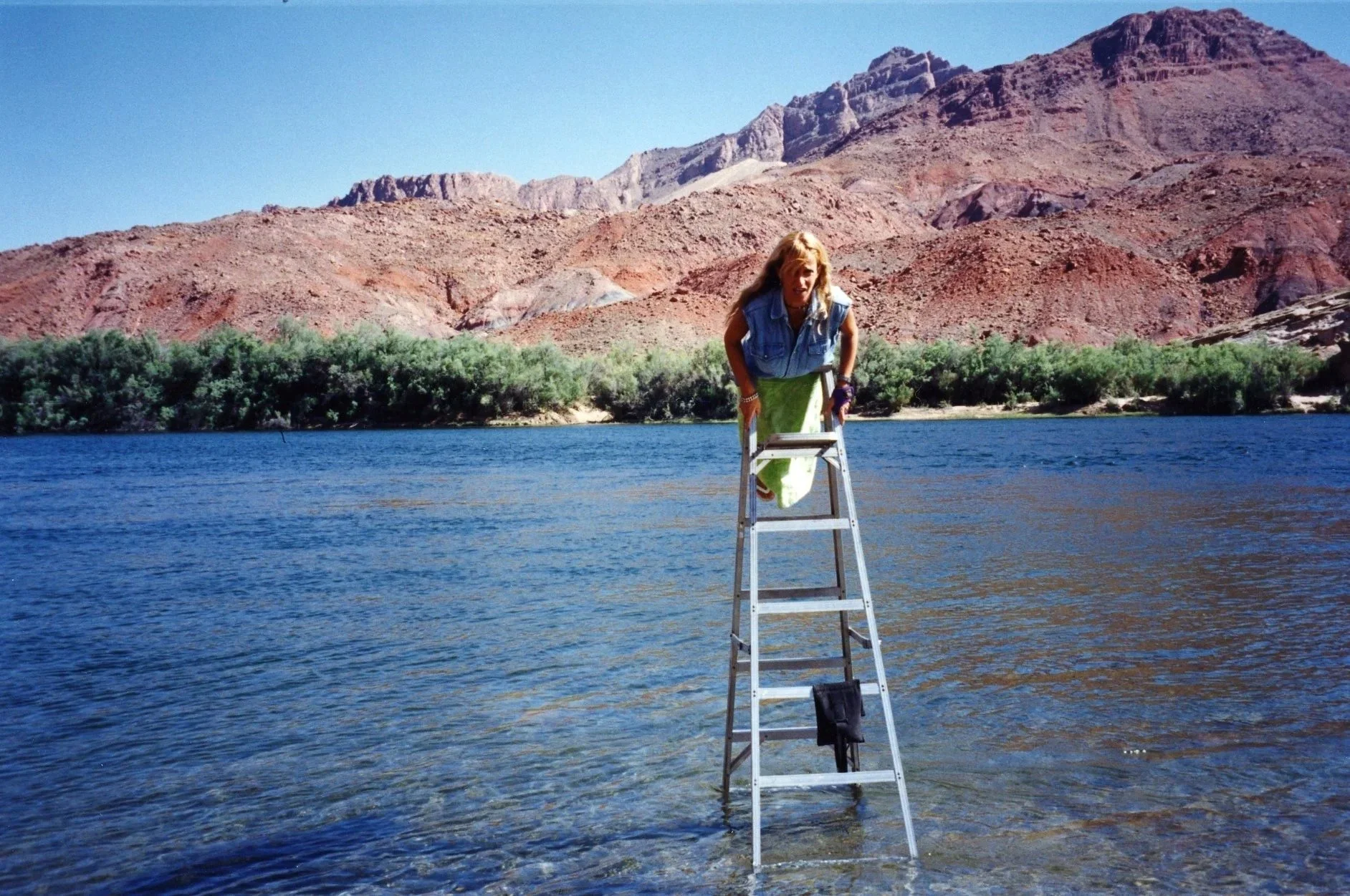 Woman standing on a ladder in a body of water with a landscape of mountains and trees in the background.