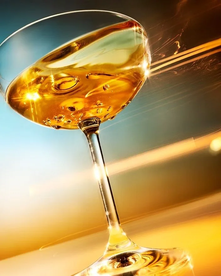 A close-up of a glass of champagne with bubbles, with a sunset or sunrise in the background.