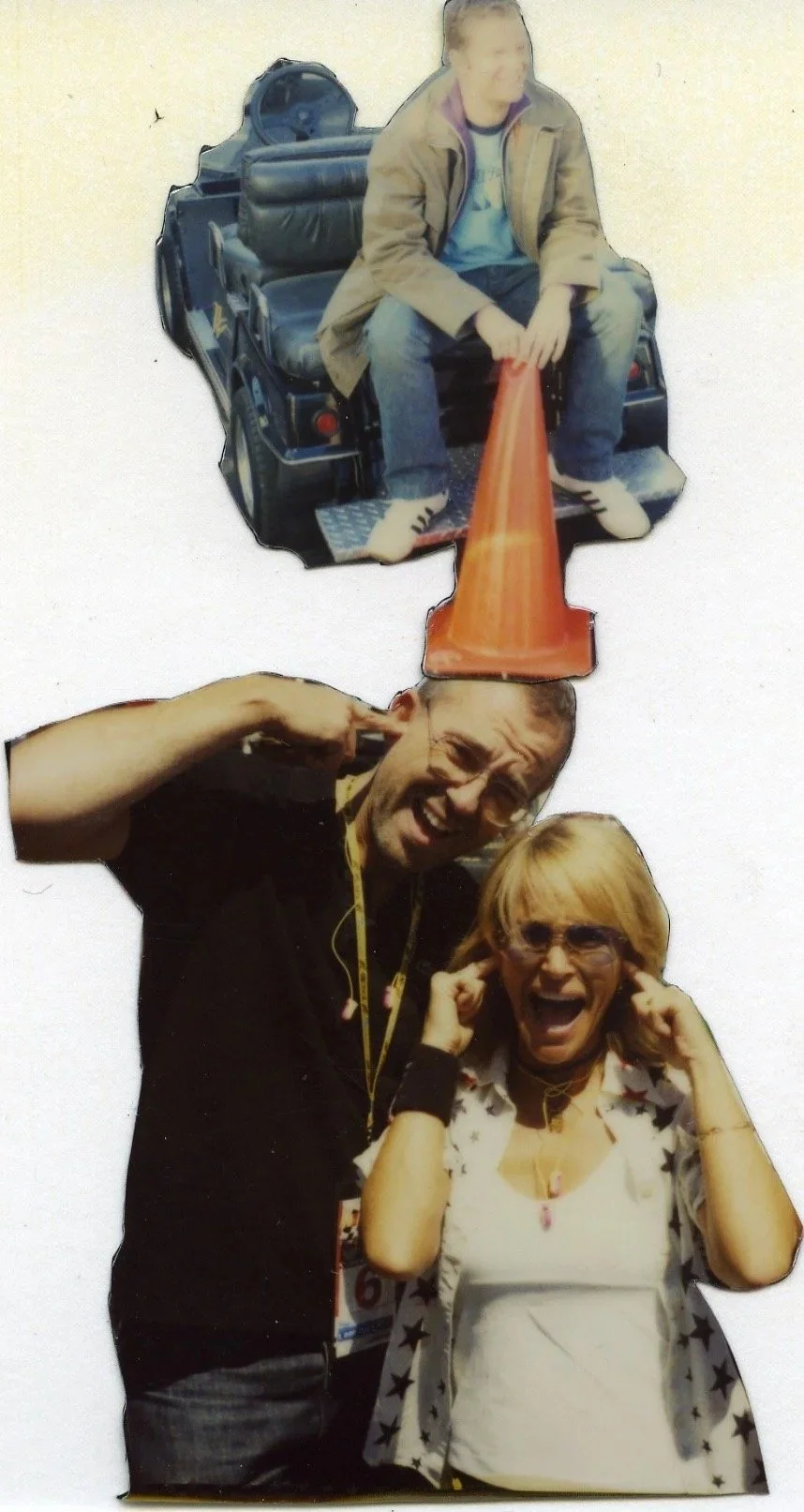 Collage of two photos: the top photo shows a person sitting in a motorized wheelchair wearing a tan jacket, blue shirt, and jeans. The bottom photo shows a man smiling and pointing a finger at his head, and a woman with blonde hair and glasses, both 