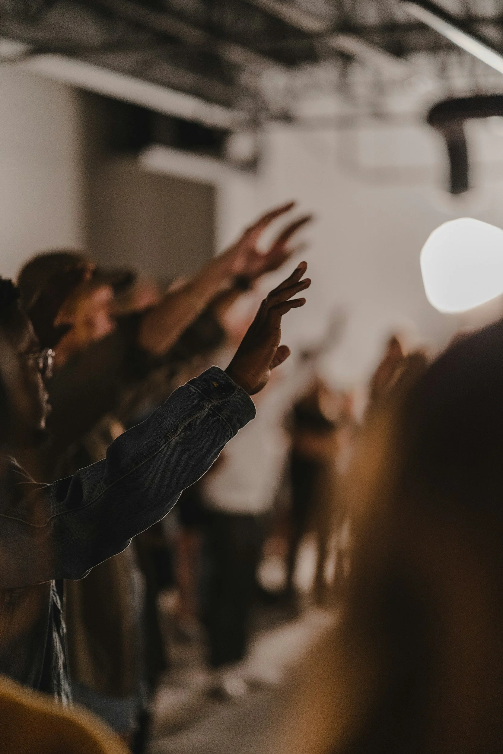 People seated in a row raising their hands, with a large bright light source in the background.
