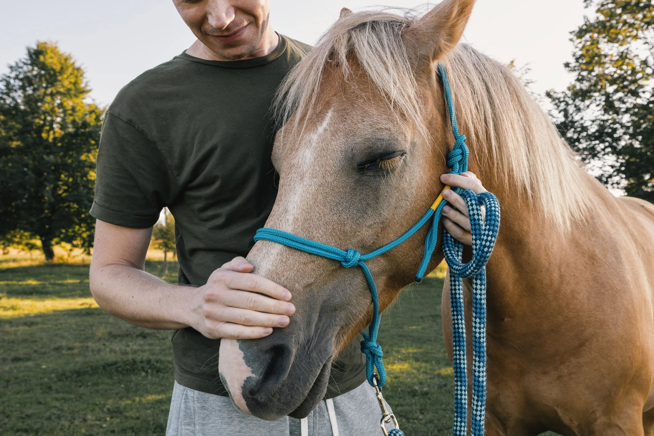 A man wearing a black shirt gently holding the face of a light brown horse with a blonde mane. The horse has a blue halter and lead rope. The background shows trees and a grassy field during the day.