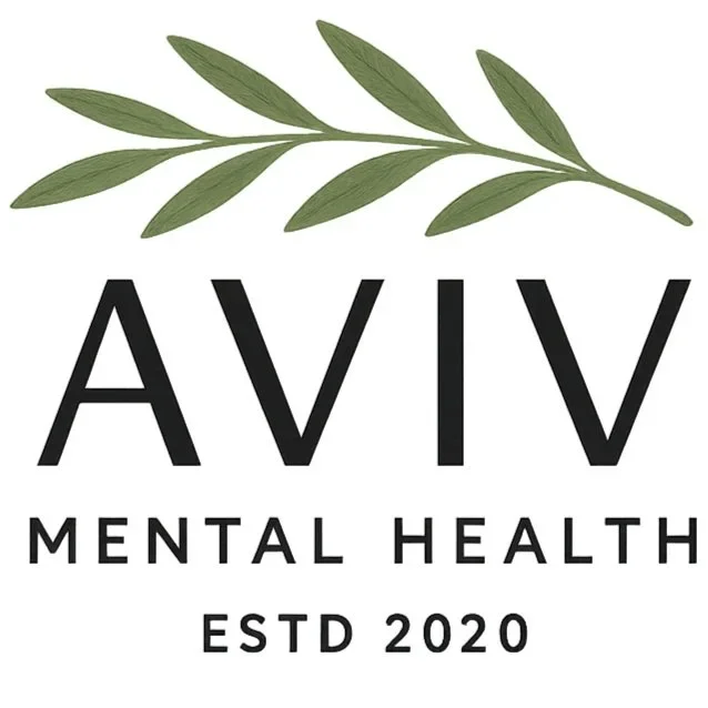 Logo for AVIV Mental Health featuring a green leafy branch above the text 'AVIV Mental Health ESTD 2020'