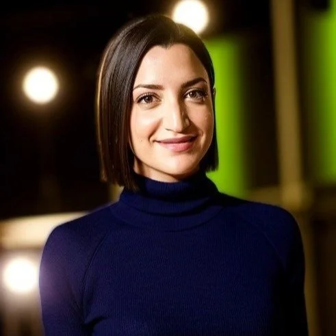 A woman with shoulder-length dark hair wearing a navy turtleneck, smiling in a warmly lit indoor setting.