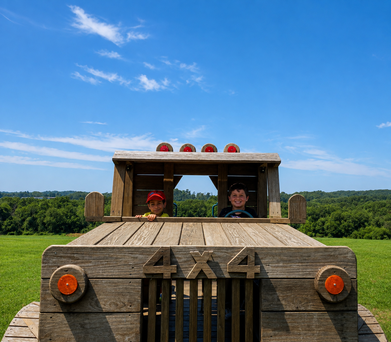 Two children playing in a wooden toy car outdoors on a sunny day with a blue sky and green trees in the background.