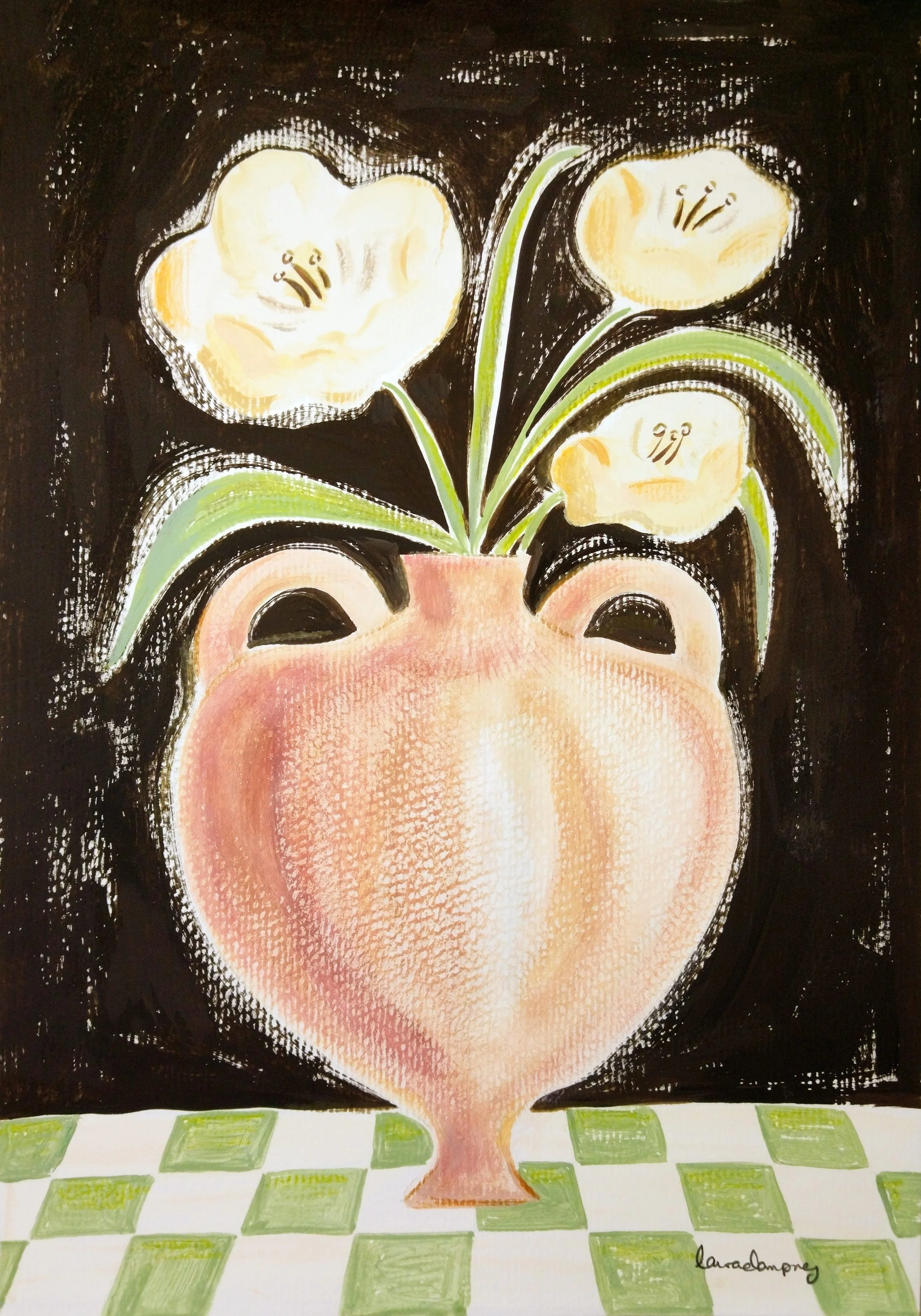 A painting of a terracotta curved vase with handles, containing three cream  flowers and green leaves, set against a dark black background, on a green and white checked tablecloth