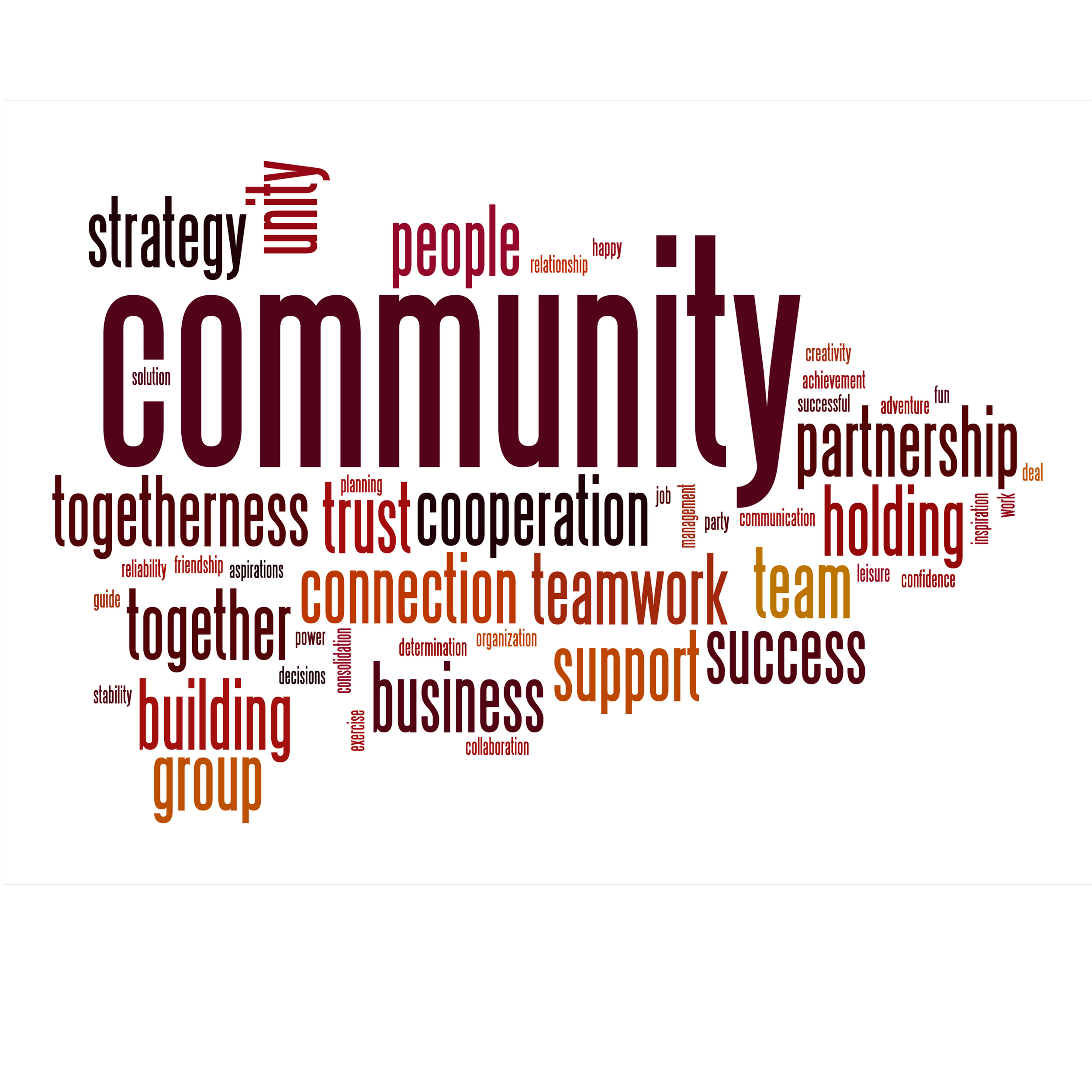 Word cloud with words related to community, teamwork, collaboration, support, trust, success, building, group, partner, etc., in various sizes and colors on a white background.